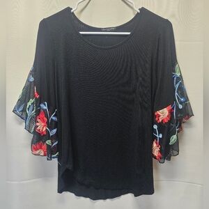 Cha Cha Vente Black Knit Top With Colorful Embroidered Sleeves